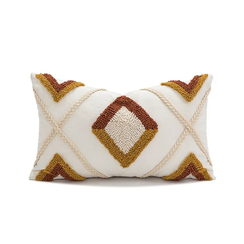 coussin décoratif moderne motif géométrique jaune gris beige texture bouclée canapé salon