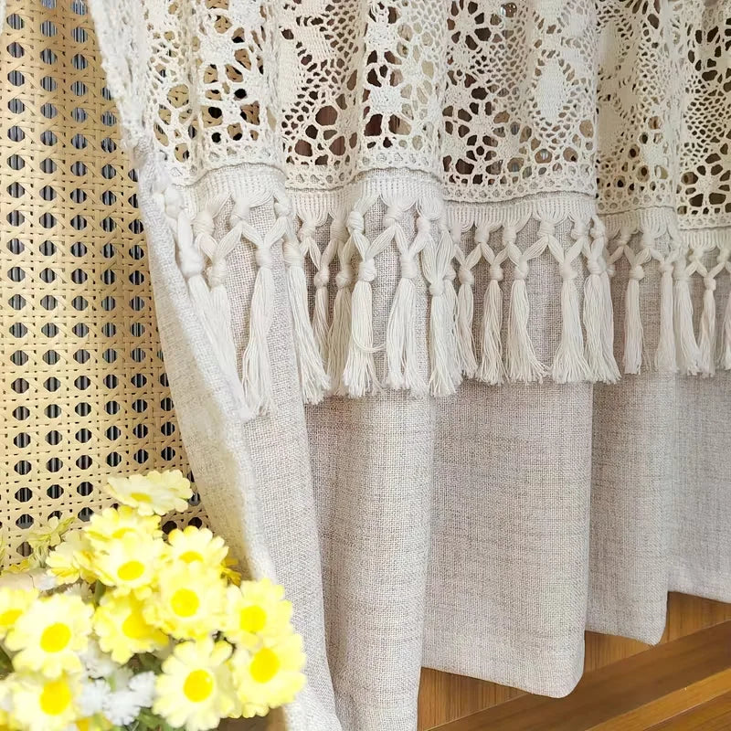 rideau boho crocheté franges beige clair rustique fenetre cuisine simple