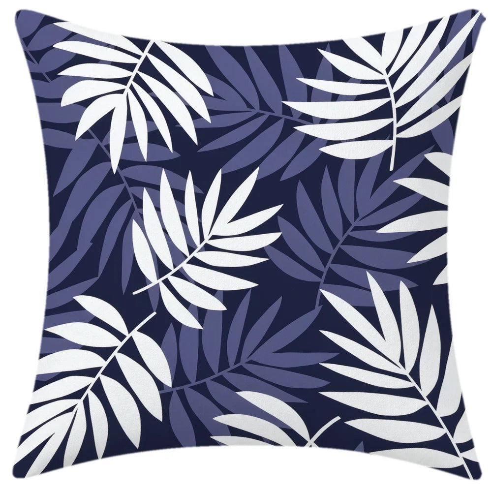 housse coussin bleu marine motif géométrique feuilles palmier sweet moderne minimaliste polyester