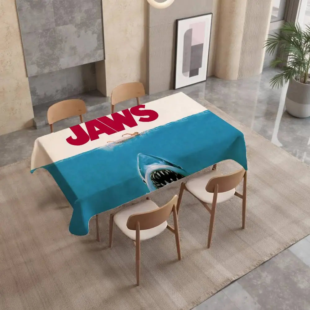 nappe table rectangulaire imperméable motif requin cinéma bleu rouge blanc fête anniversaire