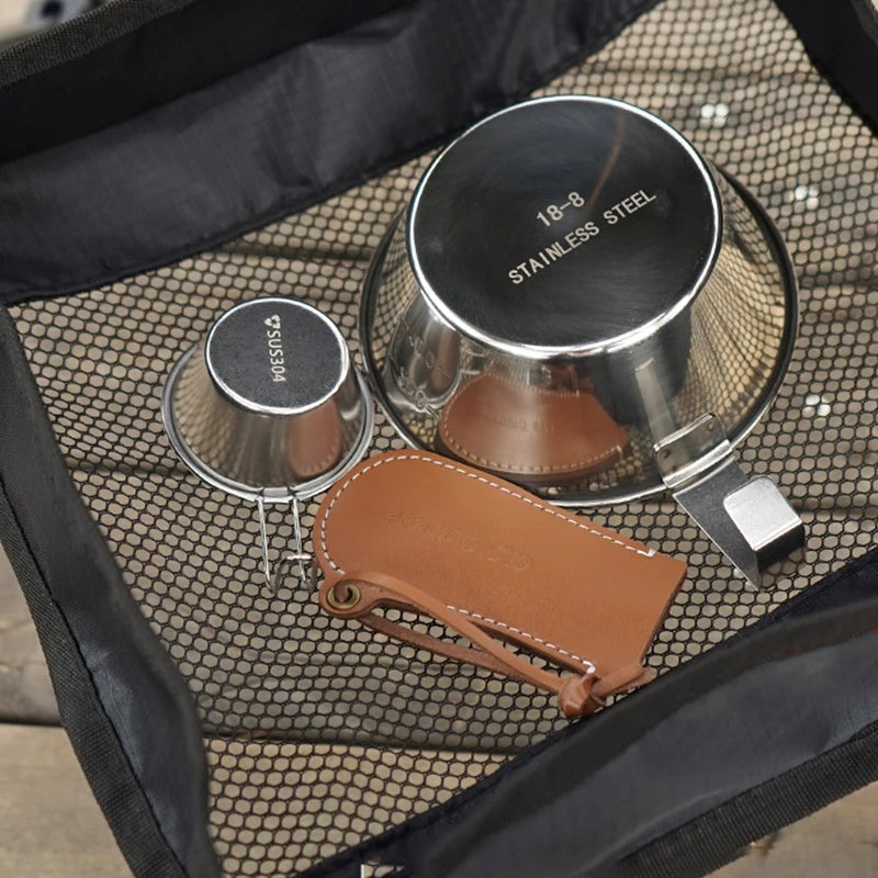 table pliante portable sac filet transparent camping outdoor accessoires cuisine cuir marron vert argenté