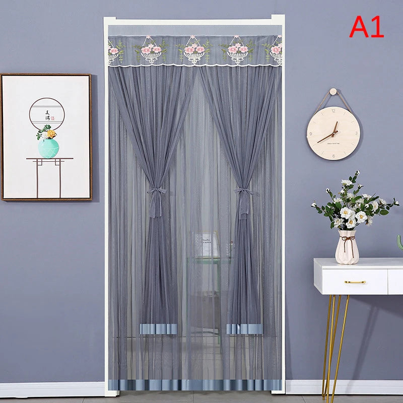 rideau porte anti moustiques blanc jaune violet rose broderie cerfs fleurs transparent classique ruban