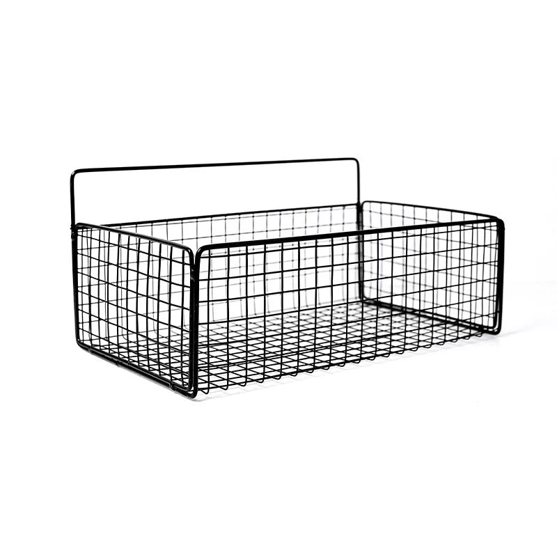 paniers métalliques noir maille fine adhésif minimaliste stockage cuisine salle bain sans perçage