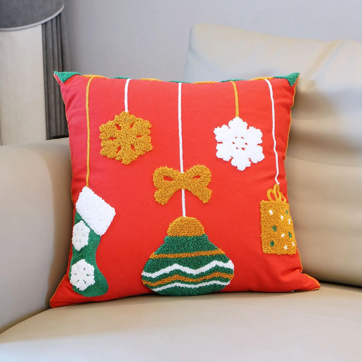housse coussin noël brodée ho ho ho merry christmas rouge vert polyester coton respectueux