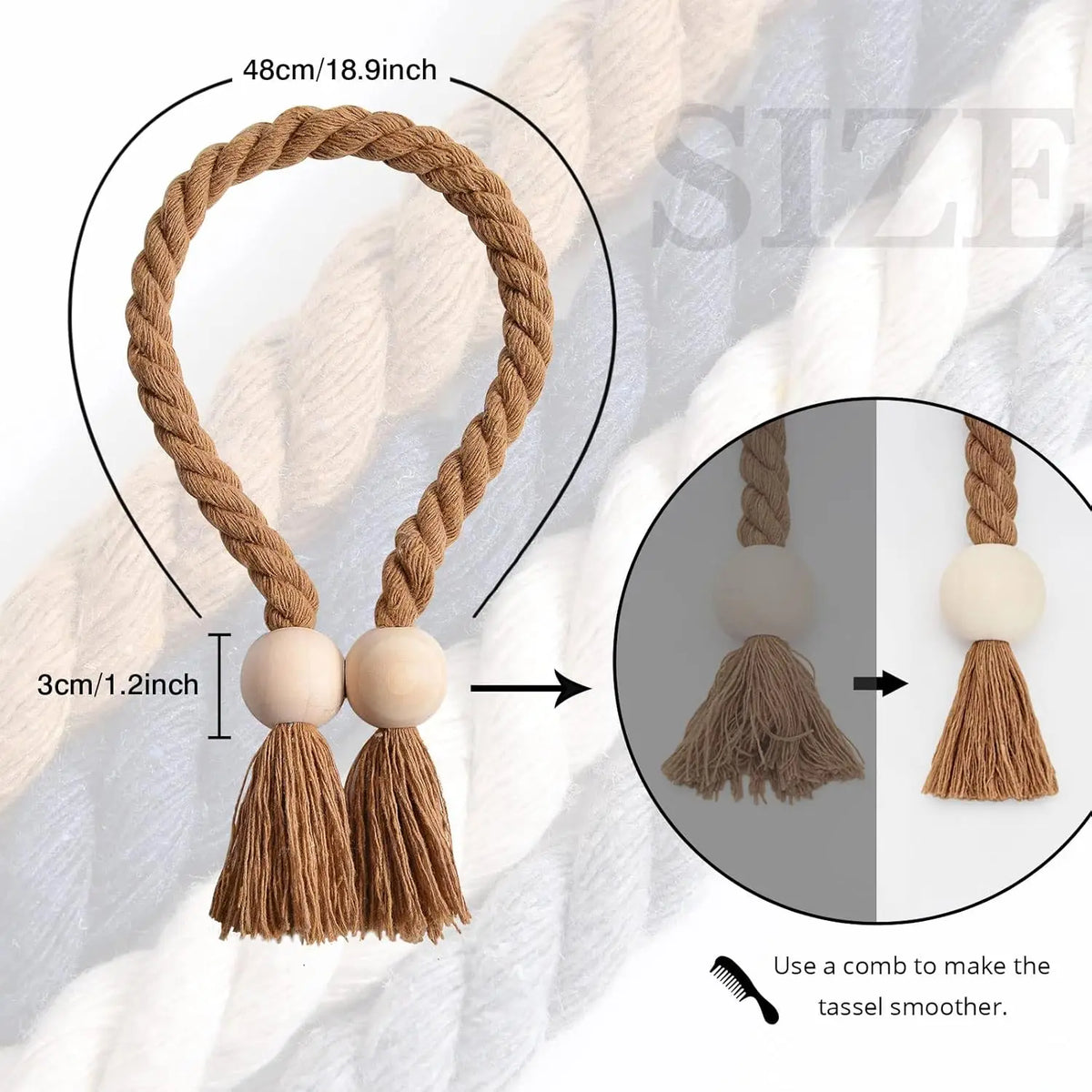 boucles aimants bois pompons franges rideau moderne rustique tissu coton corde tressée violet clair