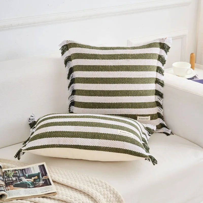 housse coussin carré rayé moderne vert olive blanc polyester 45x45cm décoration intérieure voiture
