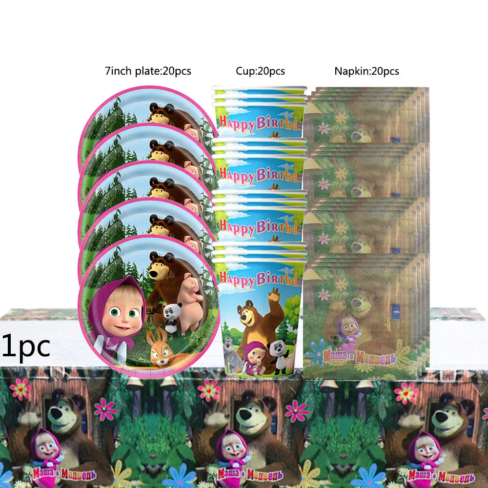 ensemble vaisselle jetable masha ours assiettes gobelets serviettes anniversaire enfant cartoon