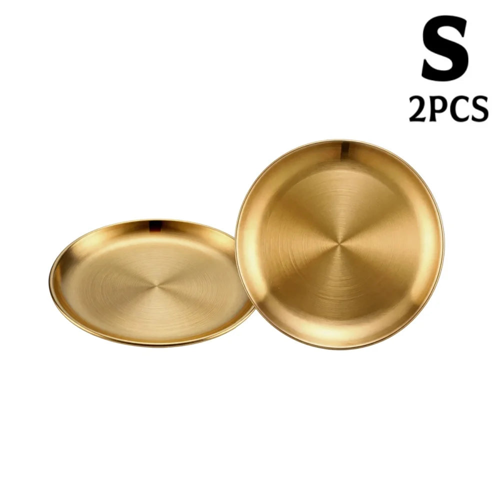 assiettes acier inoxydable or argent rondes modernes différentes tailles buffet dessert pizza