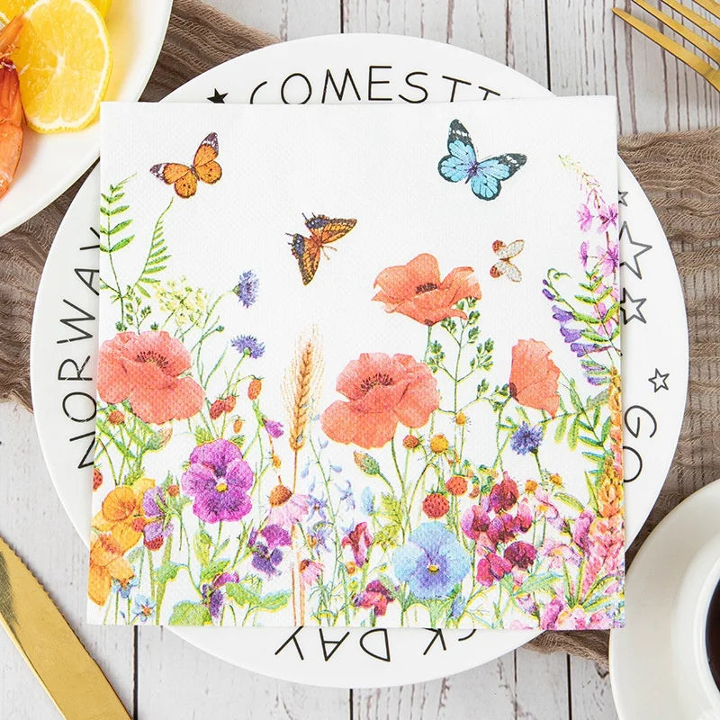 serviettes papier multicolores fleurs papillons illustration mariage anniversaire décoration table thé