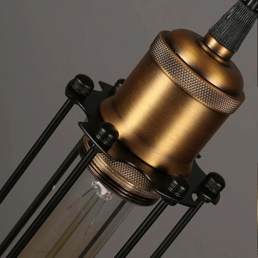 lampe suspendue industrielle vintage noir doré cage métallique ampoule filament transparent opaque