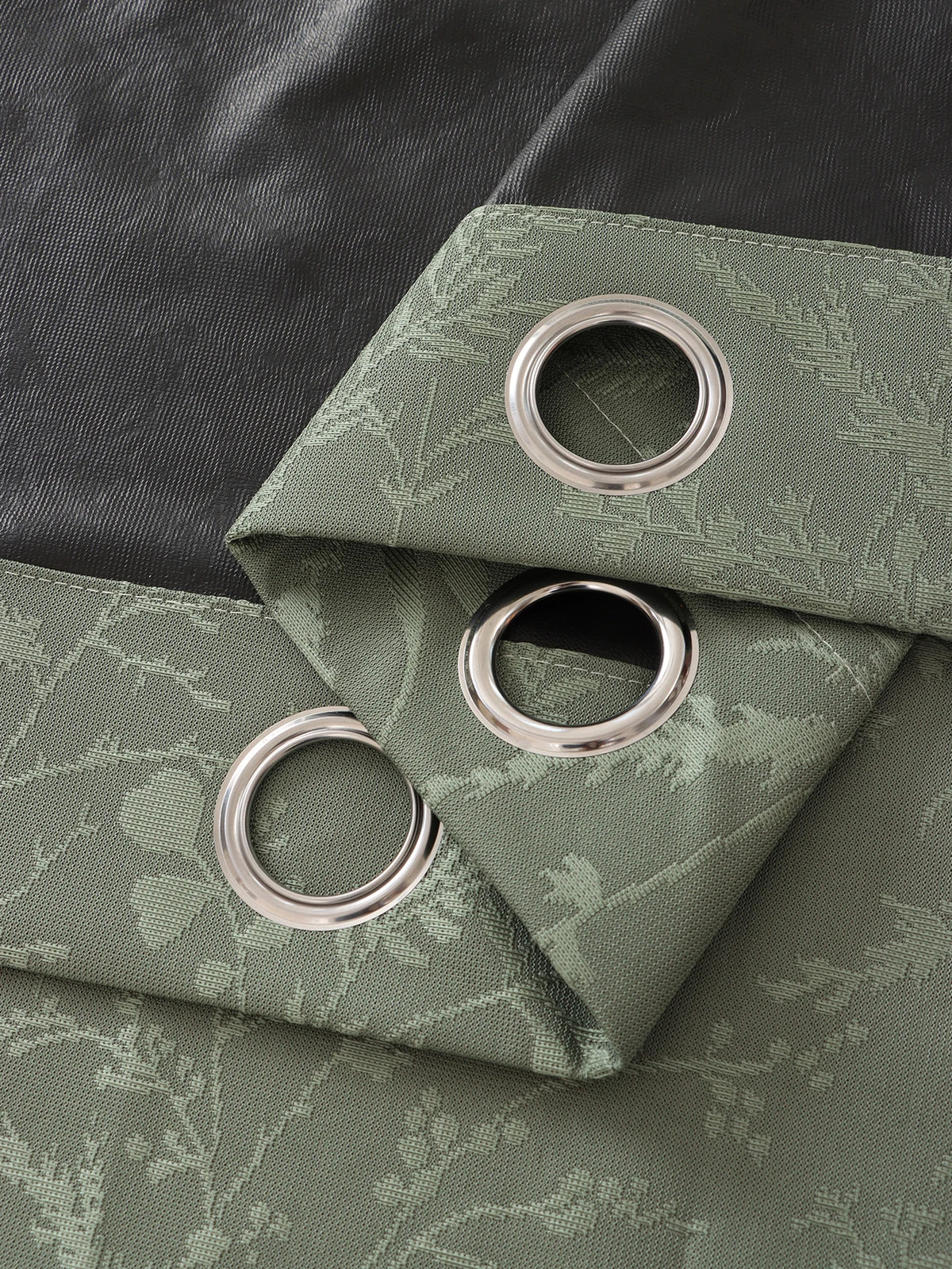 rideau vert olive motif végétal opacité moderne anneau métallique bordure décorative salon chambre coucher
