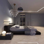 lit moderne bois noir tapis table chevet chambre coucher minimaliste