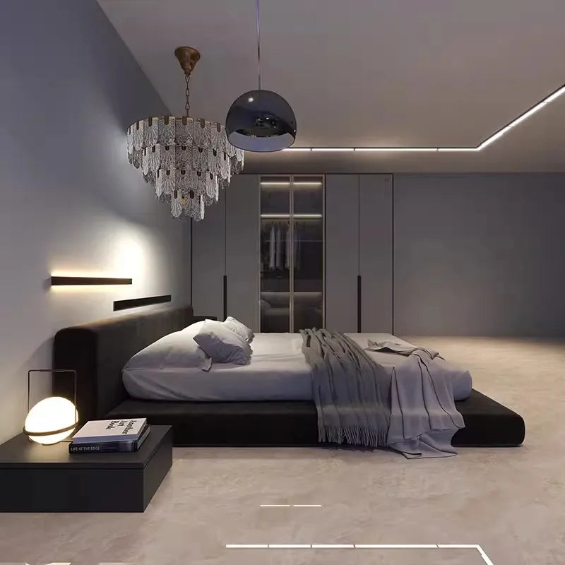 lit moderne bois noir tapis table chevet chambre coucher minimaliste