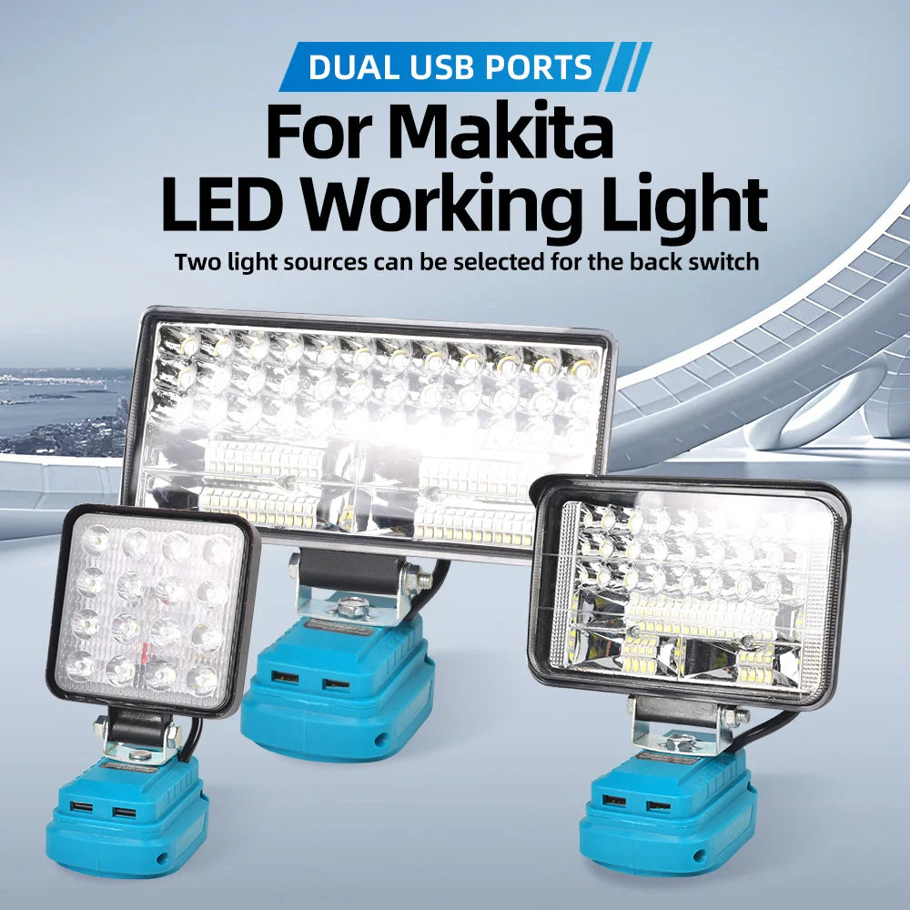 lampe led travail projecteur makita batterie 18v charge usb lentille réfléchissante support pivotant industrielle