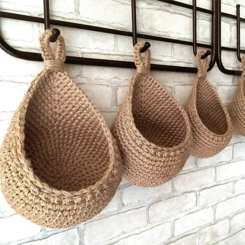 panier suspendu tissé main rustique réutilisable respectueux environnement beige clair crochet métallique