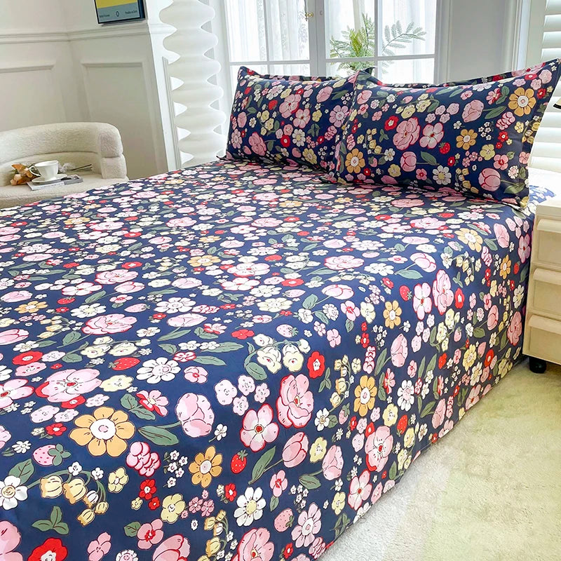 drap lit plat fleurs colorées bleu marine coton polyester moderne lit double grande taille