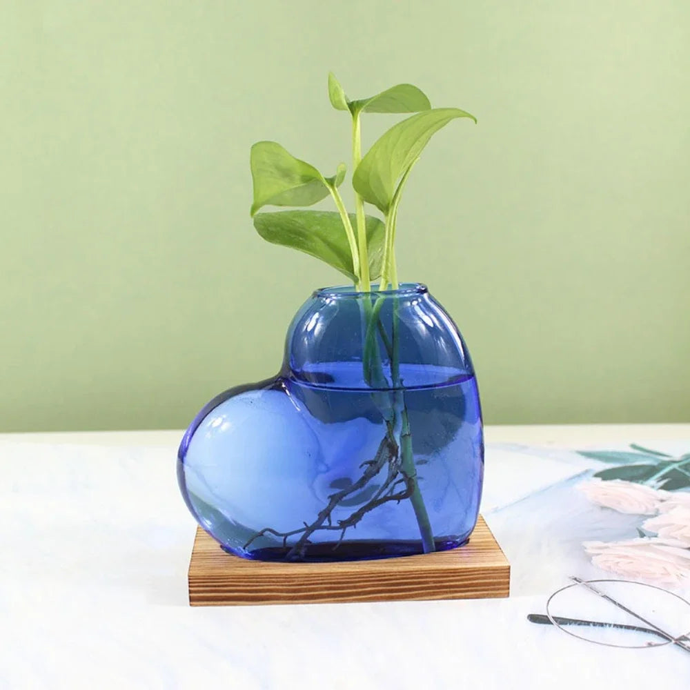vase verre forme cœur transparent moderne plante verte support bois