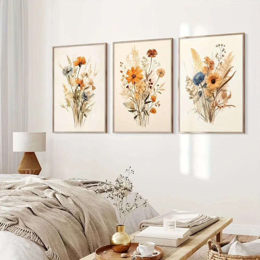 toiles d'art abstrait fleurs séchées classique rustique beige marron orange bleu blanc sans cadre