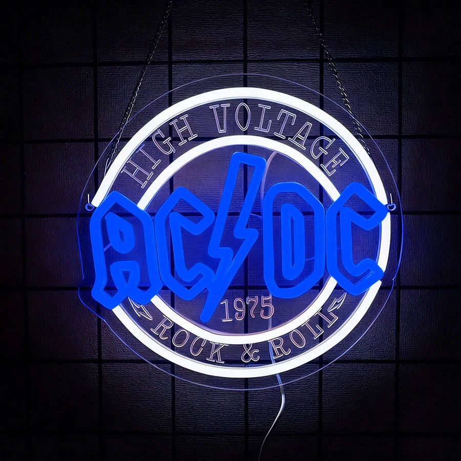 néon lumineux rock roll ac dc high voltage couleurs vives logo texte fixations