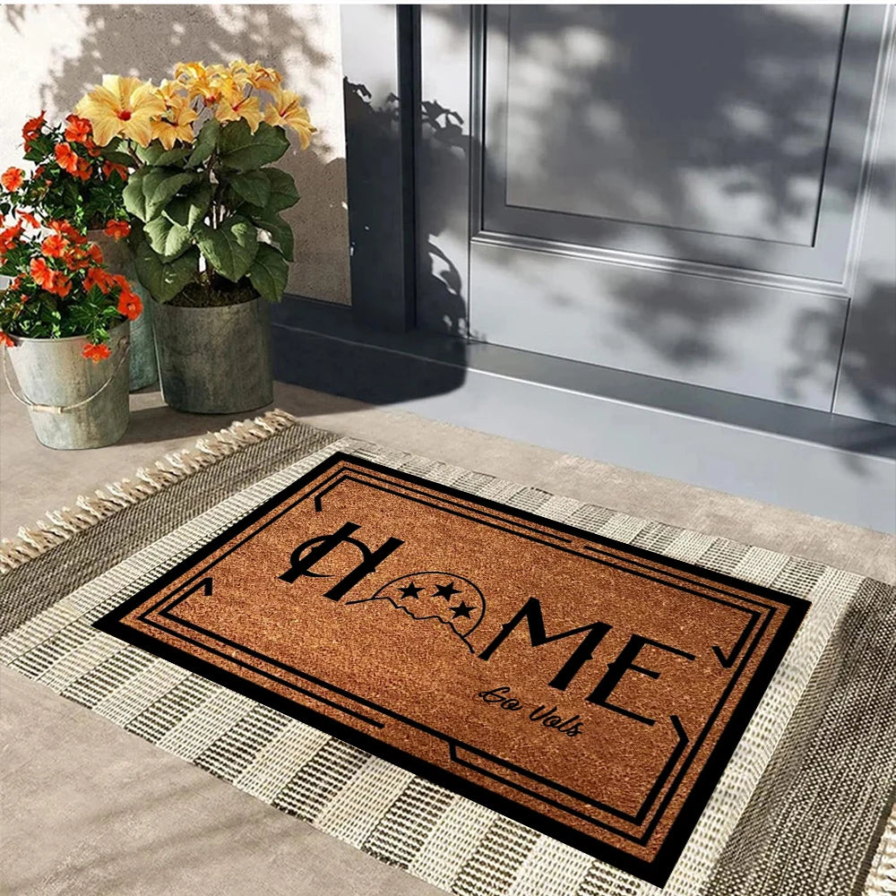 tapis d'entrée marron clair motif coccinelle étoiles bordure noire anti dérapant moderne