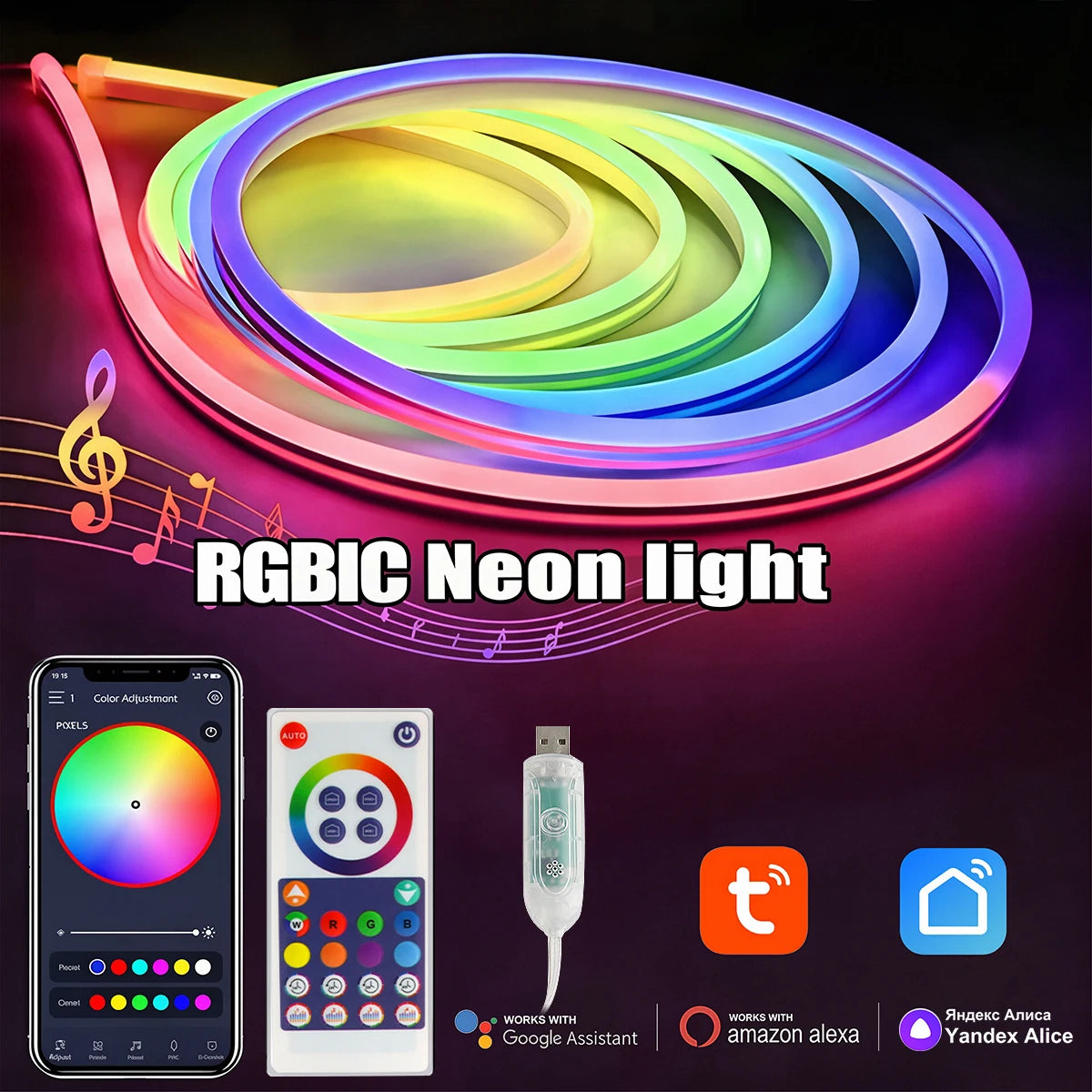 ruban led néon multicolore 2m 3m 5m 10m étanche flexible télécommande usb moderne clips