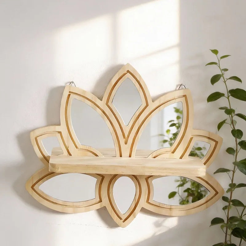 étagère miroir bois naturel clair forme géométrique moderne clips fixation plantes figurines chambre coucher