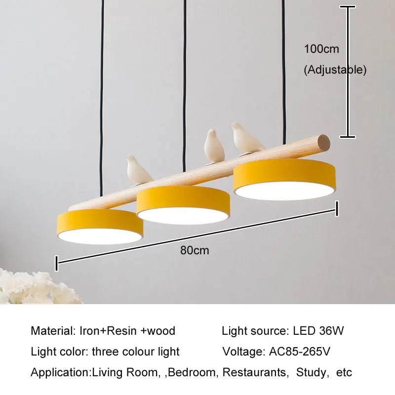 lampe suspendue moderne minimaliste led gris blanc rose jaune bleu oiseaux résine bois