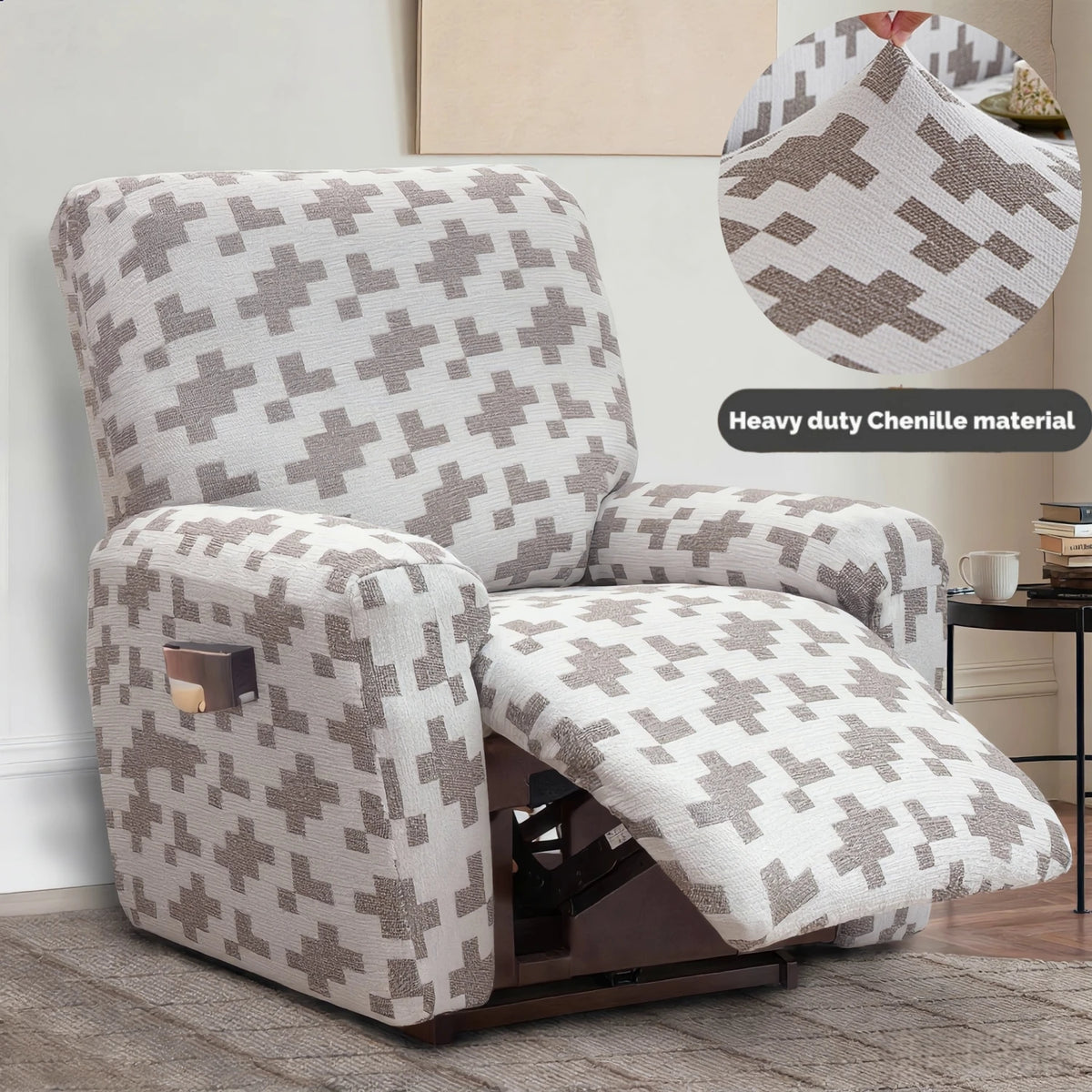 housse fauteuil inclinable beige clair tissu petits points noirs protection siège salon moderne extensible