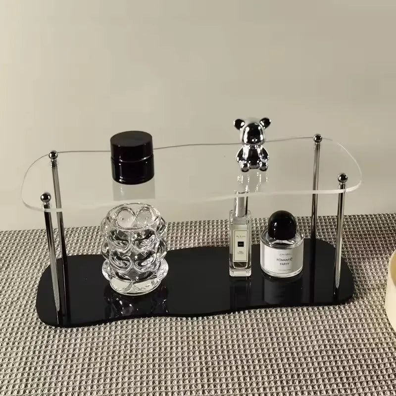 étagère deux niveaux transparente moderne pieds métalliques rangement parfum vaisselle décoratives multifonctionnelle salon