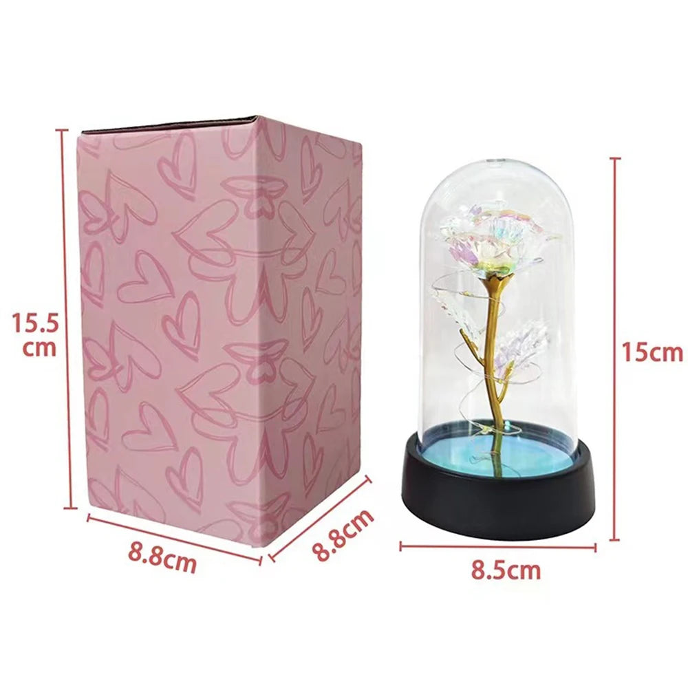 rose artificielle verre transparent led bleu doré décoration intérieure anniversaire saint valentin préparation mariage