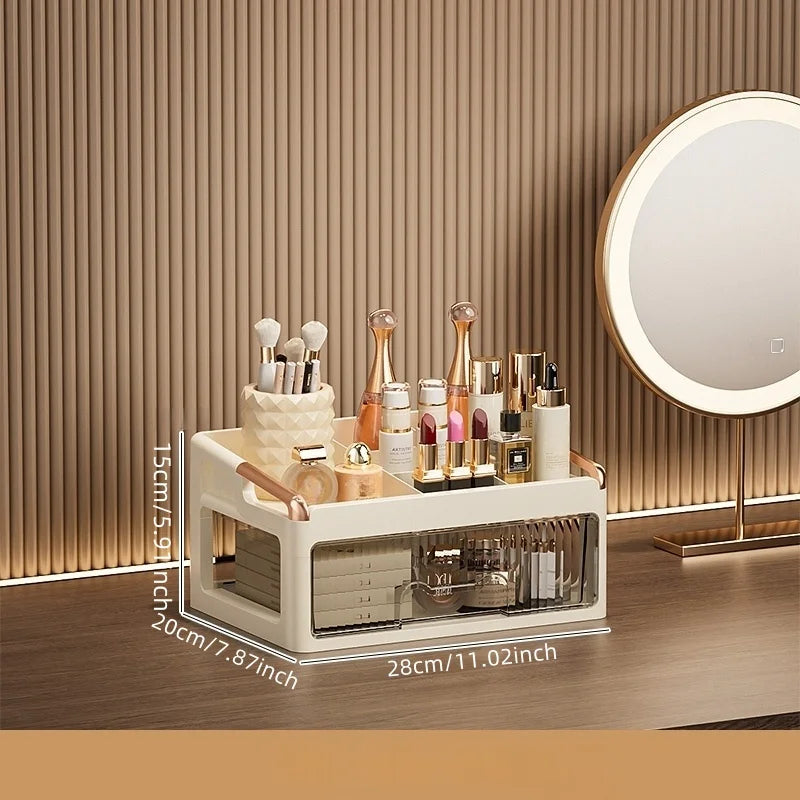 boîtes rangement cosmétiques moderne pliables beige clair poignées dorées étiquettes produits