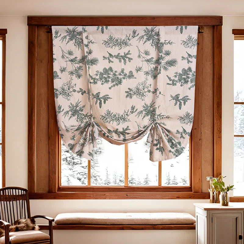 rideau imprimé végétal branches feuilles beige clair vert classique rustique fixations bois