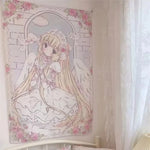 tapisserie ange fille roses blanches claires motif floral doux romantique bohème vintage decoration mur
