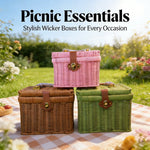 paniers rangement tressés rose vert marron poignées métalliques couvercle verrouillable vintage multifonctionnels