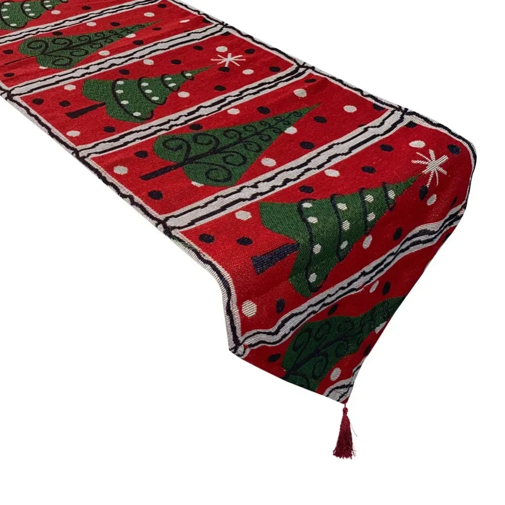 table noël chemin table motifs flocons rennes sapins tassel rouge vert festive decoration
