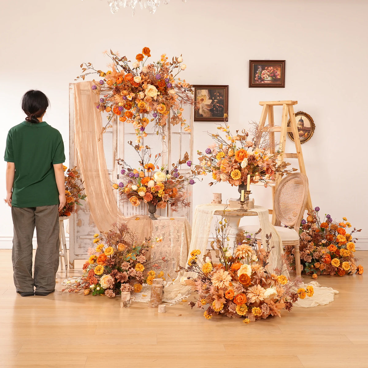 décoration boho chic bouquet fleurs artificielles mixtes orange rose marronextérieur anniversaire mariage
