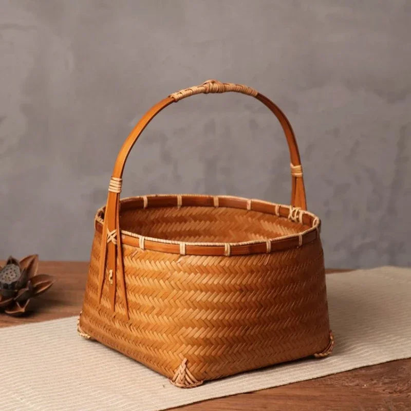 panier rangement tissé bambou marron traditionnel poignée bois rangement pique niqueextérieur thé