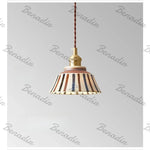 lampe suspendue vintage céramique fleurs bleues blanc rayures multicolores cordon doré