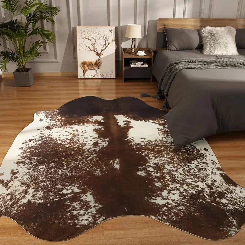 tapis marron blanc peau vache aspect naturel moderne rustique polyester jacquard rectangle salon chambre
