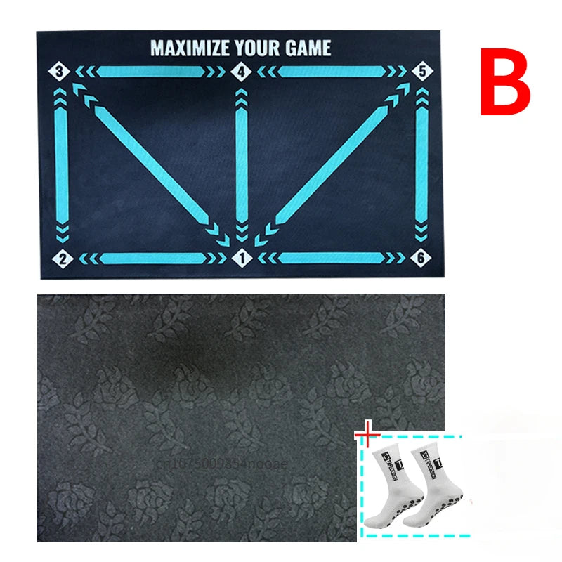 tapis entraînement football sportif lignes flèches turquoises noires dimension 900x600mm bandes élastiques ballon