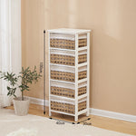 meuble tiroirs blanc rustique paniers osier tissu beige vintage chambre coucher minimaliste moderne