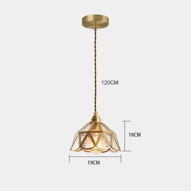 suspension lumineuse verre teinté art deco or marron bleu clair motifs géométriques opacité chaînes