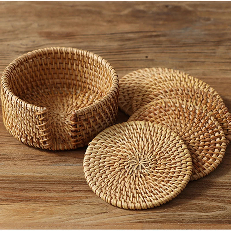 coasters tissés raphia naturel rustique ensemble six accessoires cuisine thé