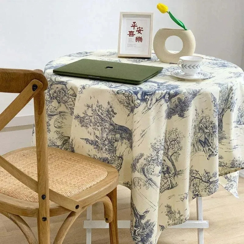 nappe champêtre toile jouy bleu blanc intérieur mariage rustic chic table fleurs assises vintage