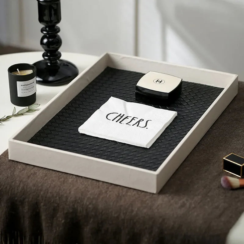 plateau rangement carré cuir noir blanc moderne tissé décoration maison articles divers