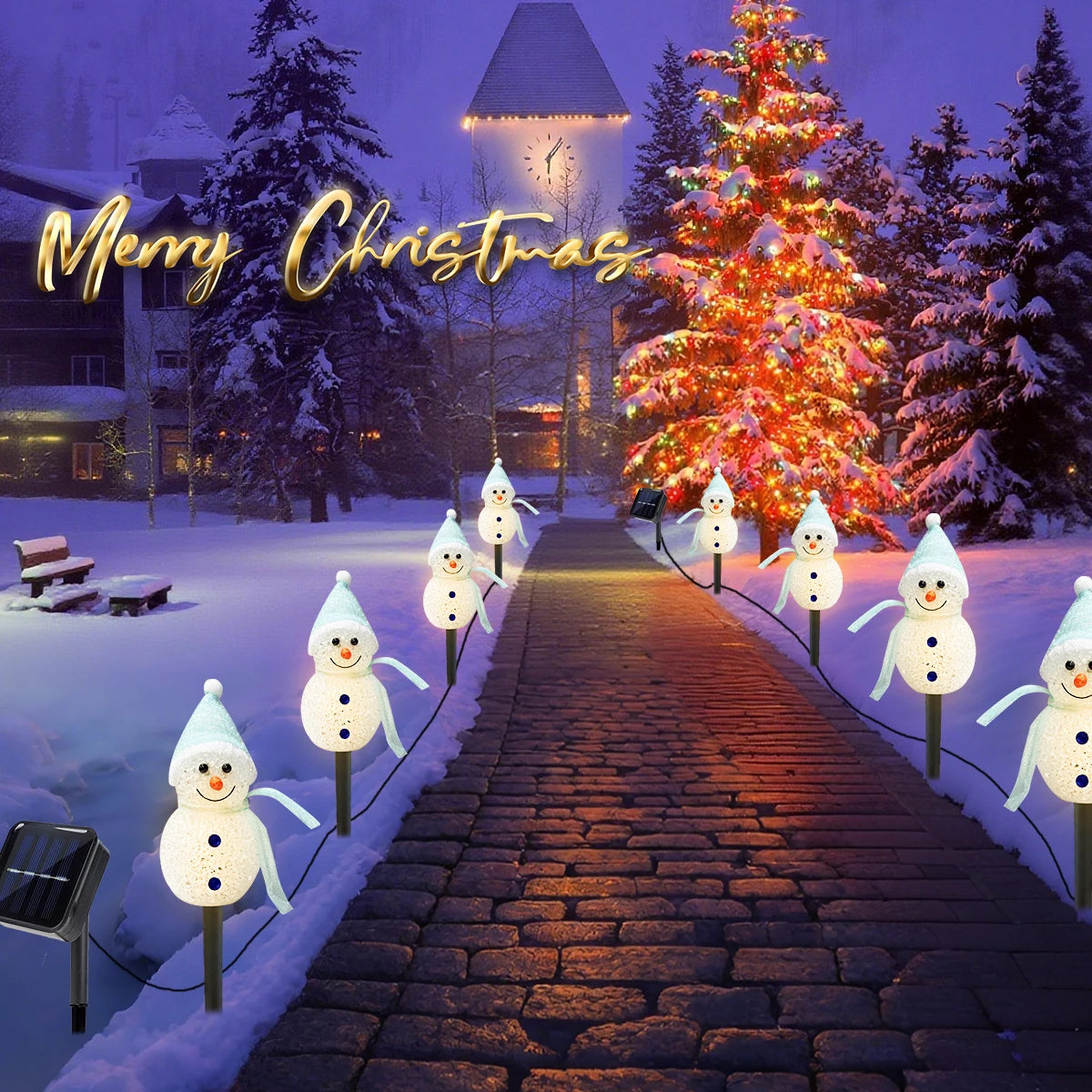 décoration noël bonhommes neige lumineux piquet glitter blanc vert jaune rose festiveextérieur jardin