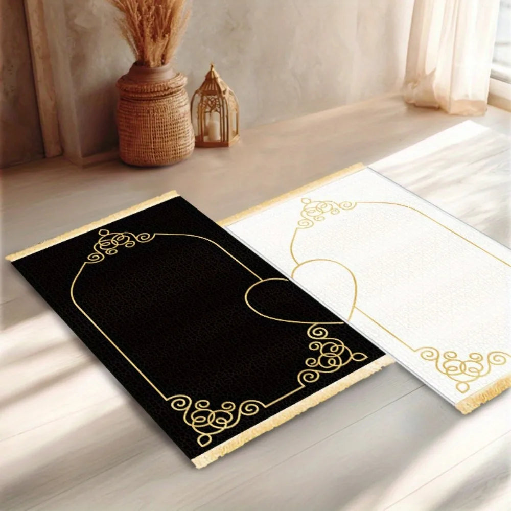 tapis noir blanc ornementation dorée classique élégant résistant décoloration polyester vinyle pliable portable prière