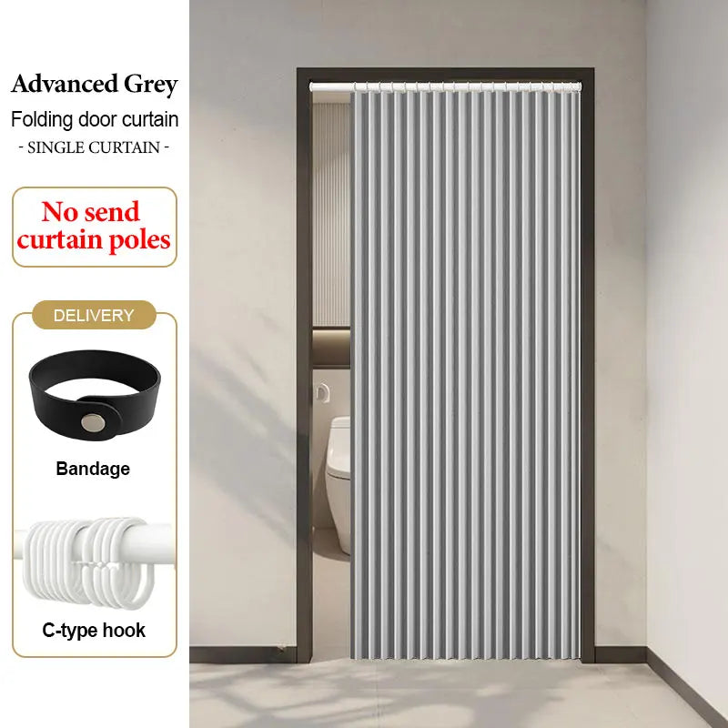 rideau porte pliable rayures verticales beige gris moderne séparation pièce salon intérieur tissu polyester