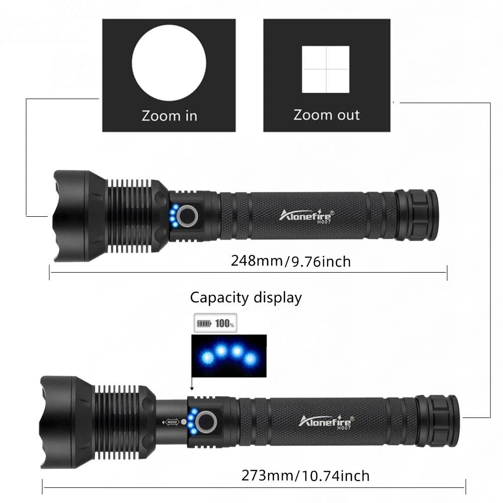 lampe torche led rechargeable 3800 lumen zoom tactique deux batteries usb type texture anti
