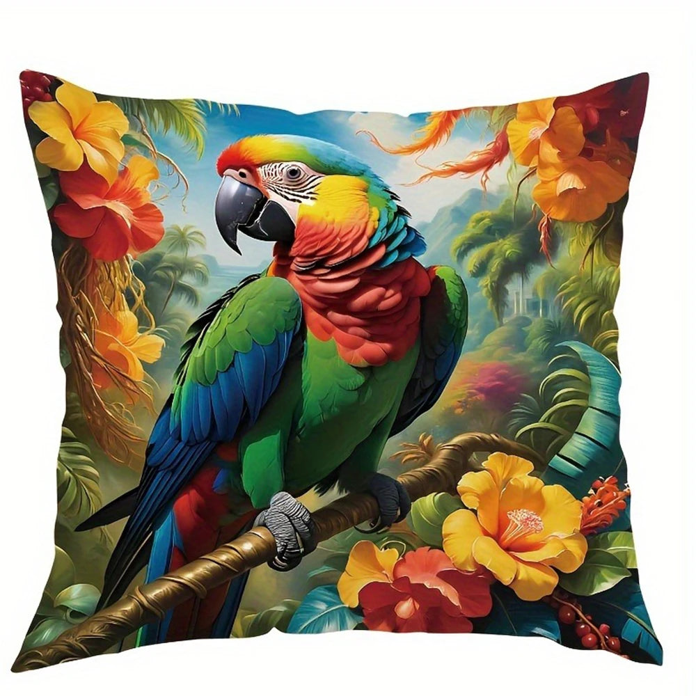 taies d'oreiller motif tropical perroquets fleurs multicolores moderne polyester 45x45cm zipper closure